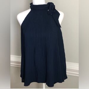 H&M Navy Sleeveless Pleated Blouse with Neck Bow